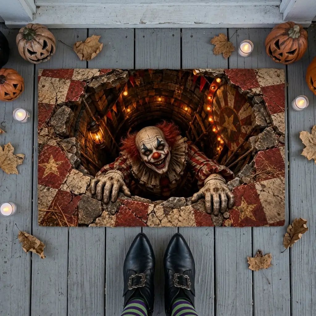 Creepy Clown Halloween Doormat,3D Scary Clown Optical Illusion Mat, Haunted Circus Door Mat, Horror Halloween Porch Decor
