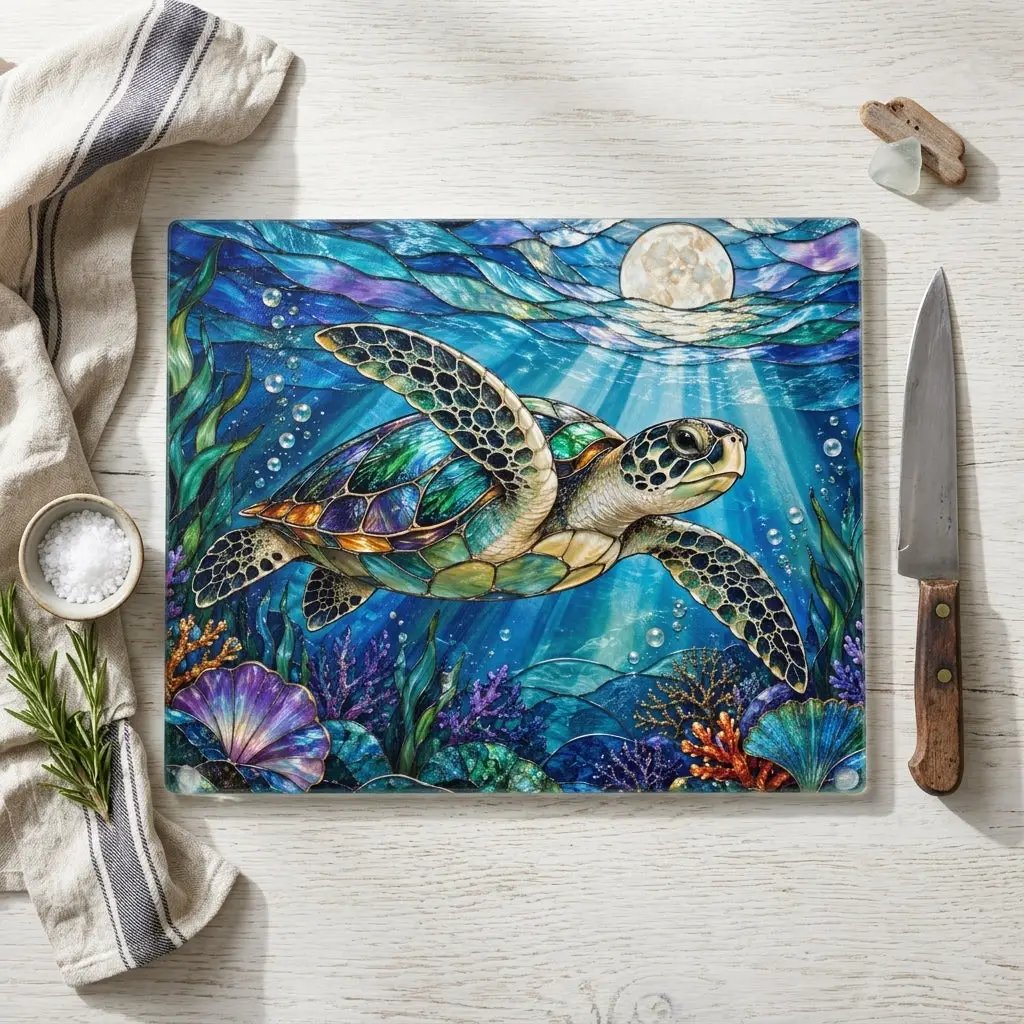 Sea Turtle Cutting Board, Ocean Kitchen Decor, Underwater Sea Life Chopping Board, Moonlit Marine Animal Gift, Coastal Kitchen Accent
