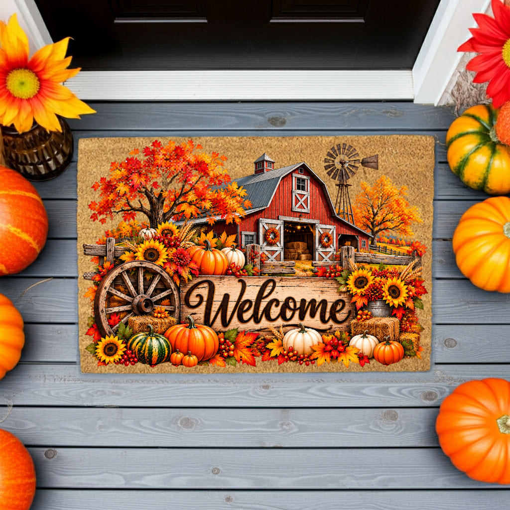 Fall Barn Welcome Doormat, Country Farmhouse Coir Mat, Autumn Pumpkin Door Mat, Harvest Porch Decor, Rustic Thanksgiving Welcome Mat