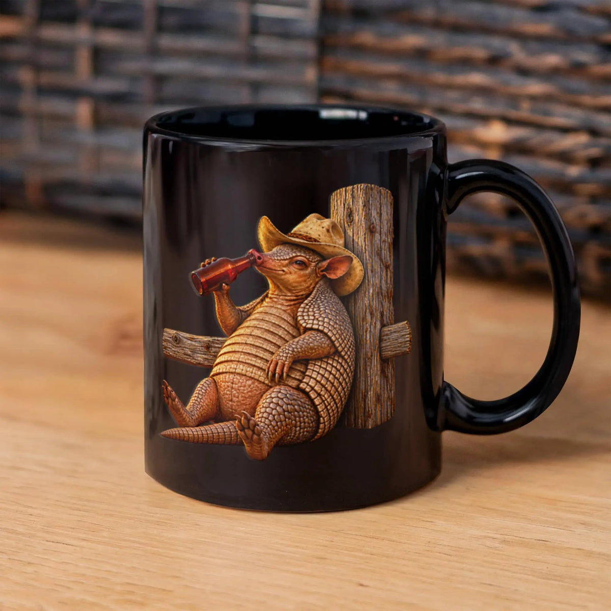 Funny Armadillo Black Coffee Mug, Texas Cowboy Mug, Beer Drinking Armadillo Gift, Western Coffee Cup, Funny Texas Gift for Him