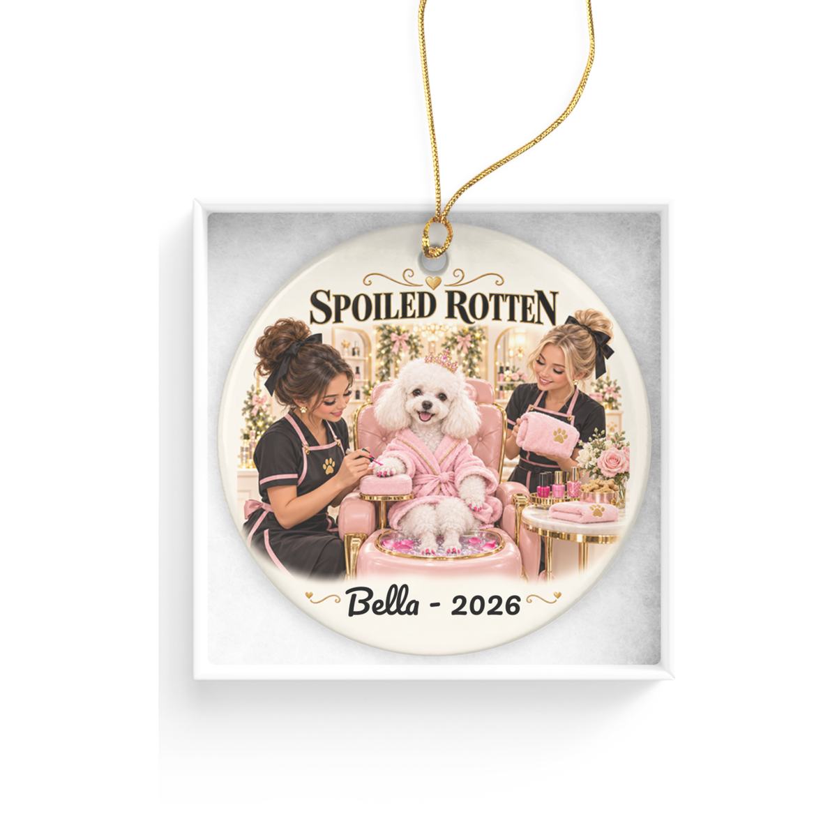 Personalized Pet Photo Christmas Ornament, Spoiled Rotten Dog Spa Ornament, Custom Dog or Cat Gift, Pet Name and Year, Ceramic Keepsake