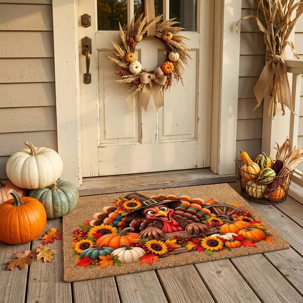 Thanksgiving Turkey Doormat, Funny Turkey Coir Mat, Fall Harvest Welcome Mat, Pumpkin & Sunflower Porch Decor, Thanksgiving Door Mat