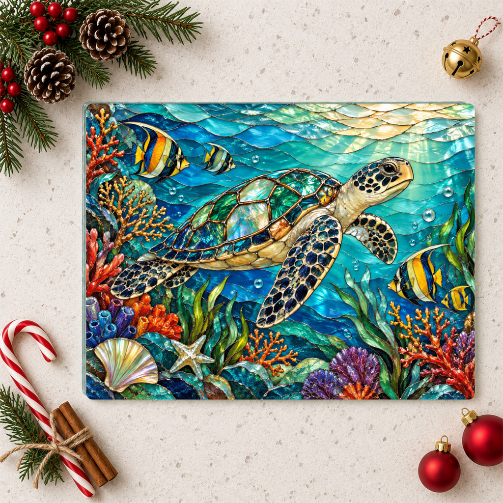 Sea Turtle Reef Glass Cutting Board, Ocean Kitchen Decor, Underwater Coral Sea Life Chopping Board, Coastal Housewarming Gift Idea