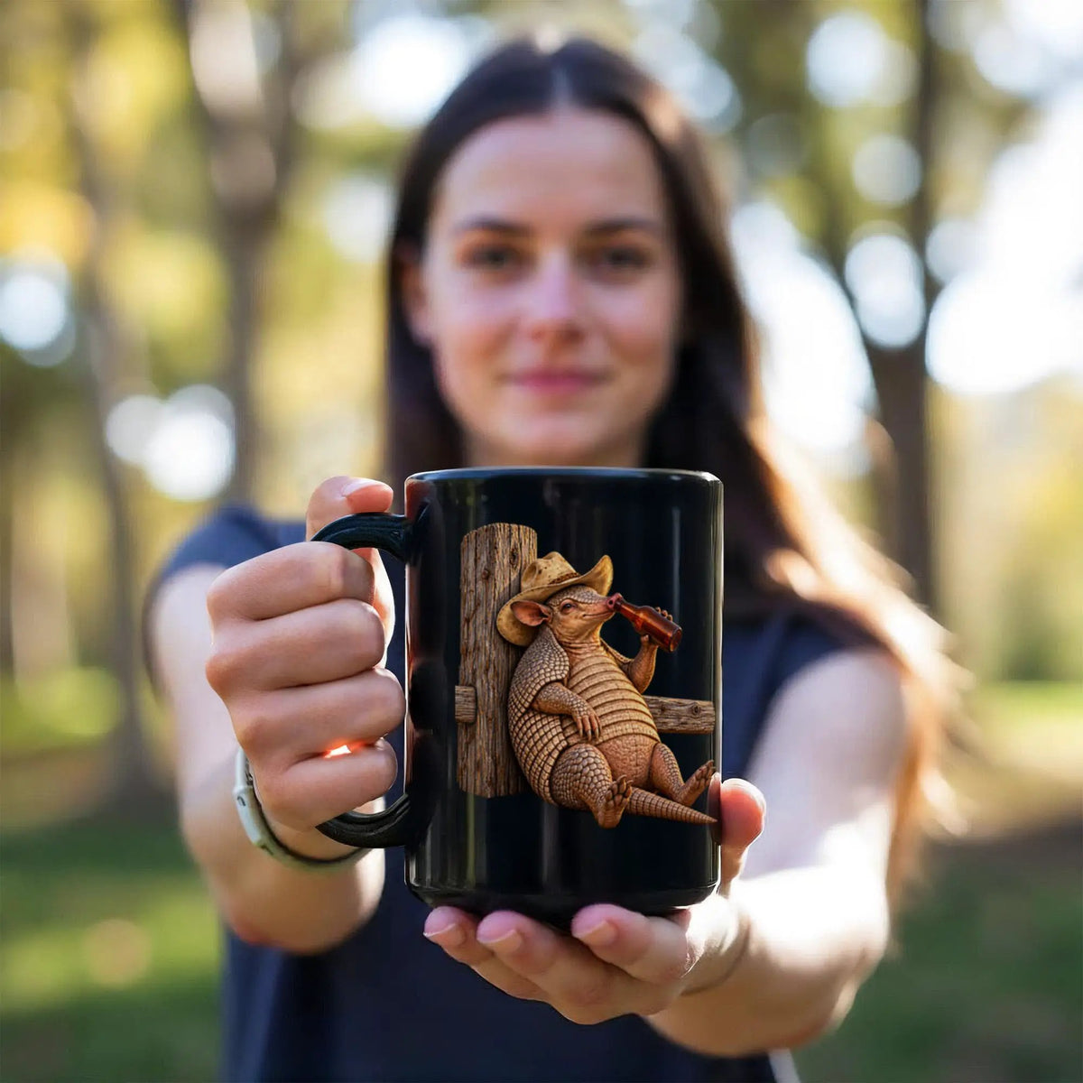Funny Armadillo Black Coffee Mug, Texas Cowboy Mug, Beer Drinking Armadillo Gift, Western Coffee Cup, Funny Texas Gift for Him