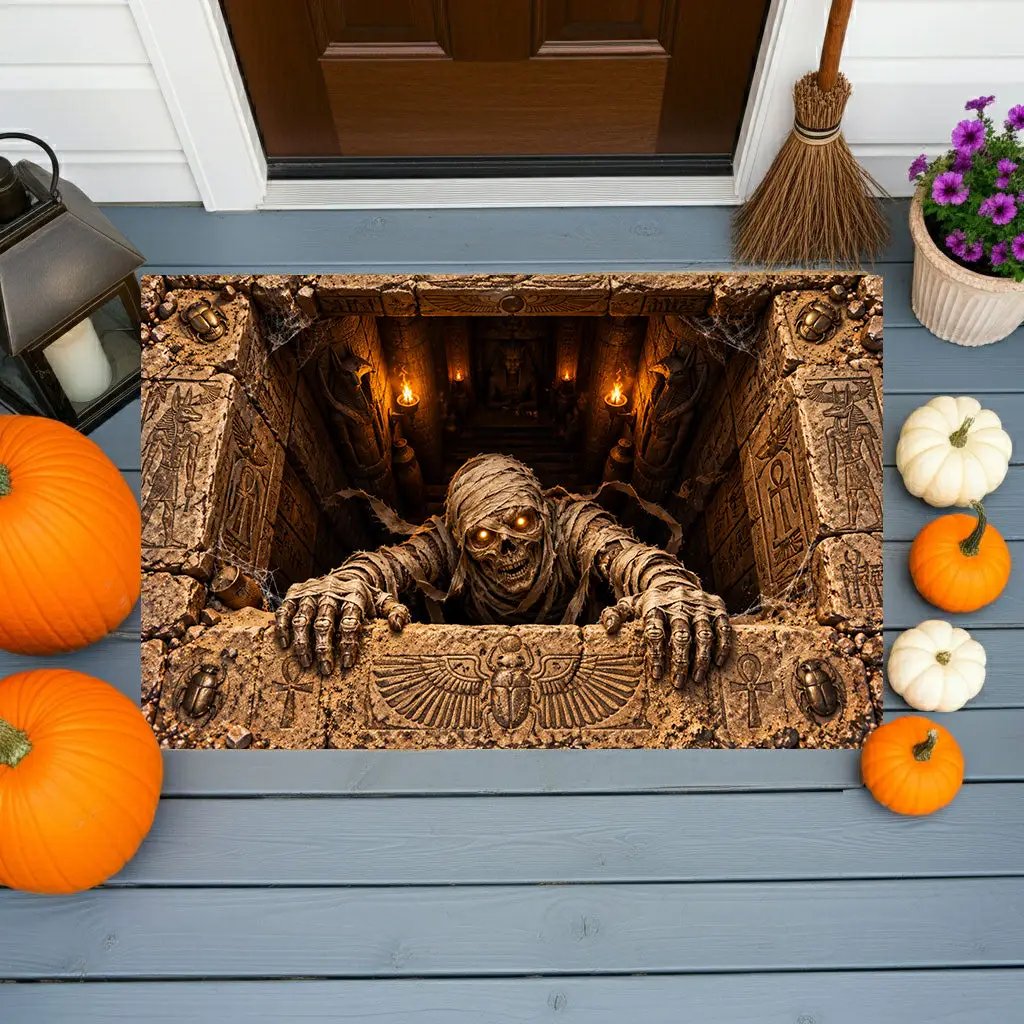 Mummy Halloween Doormat, 3D Egyptian Tomb Optical Illusion Mat, Creepy Mummy Door Mat, Haunted Halloween Porch Decor