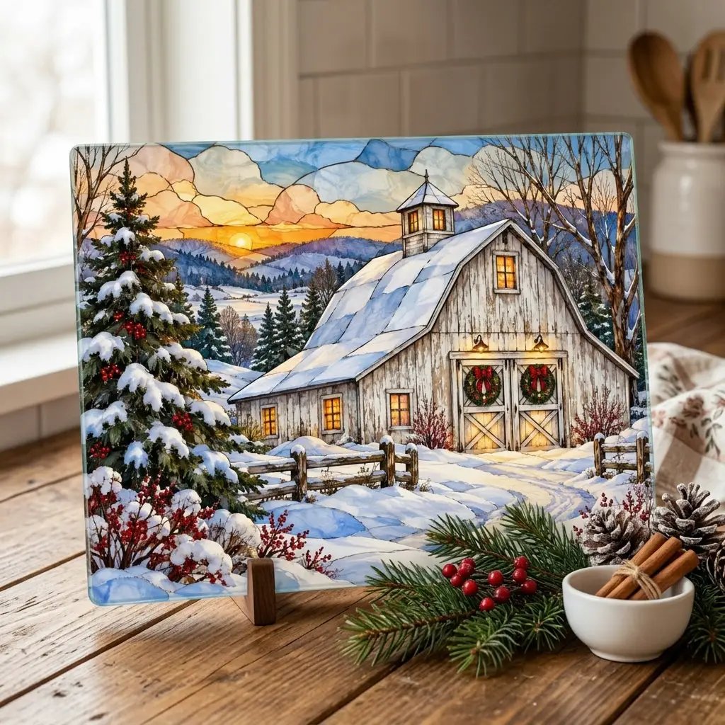 White Barn Glass Cutting Board, Christmas Farmhouse Decor, Winter Country Kitchen, Rustic Holiday Gift, Snowy Barn Christmas Decor