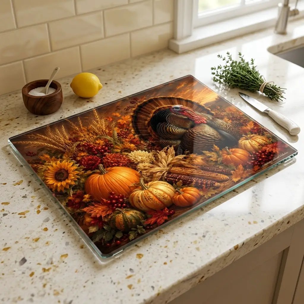 Turkey Glass Cutting Board, Thanksgiving Kitchen Decor, Fall Harvest Cutting Board, Turkey Hostess Gift