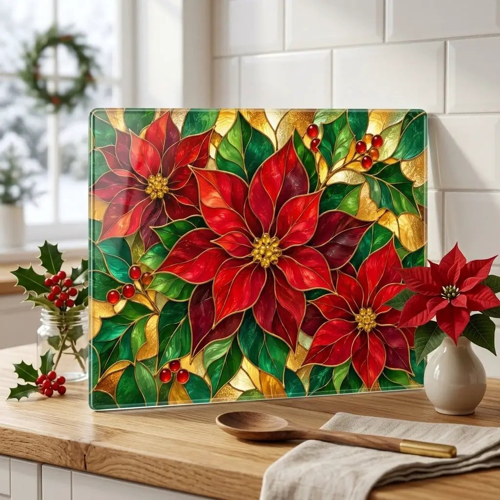 Christmas Poinsettia Glass Cutting Board, Holiday Kitchen Decor, Red Poinsettias and Holly, Festive Chopping Board, Seasonal Gift Idea