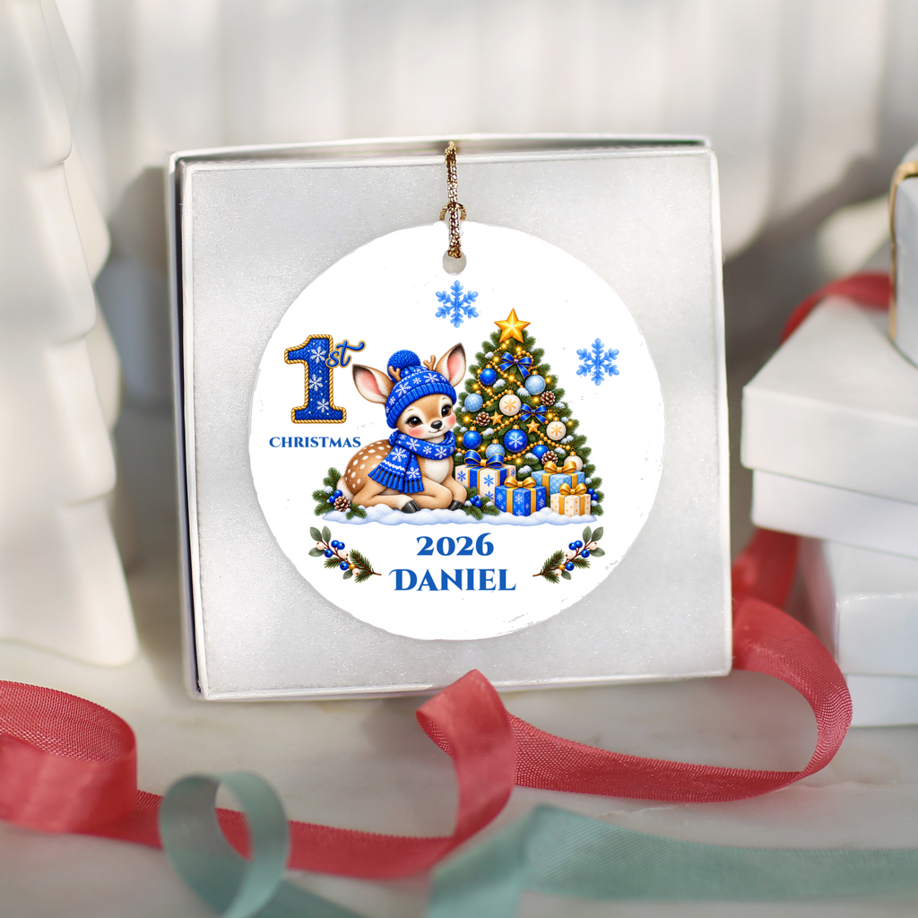 Fawn Baby Personalized Christmas Ornament, Baby's 1st 2nd 3rd Christmas, Custom Name Year Ceramic Keepsake, Boy or Girl Gift