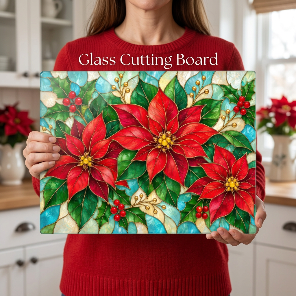 Christmas Poinsettia Glass Cutting Board, Holiday Holly Berry Kitchen Decor, Festive Red Floral Chopping Board, Seasonal Gift Idea