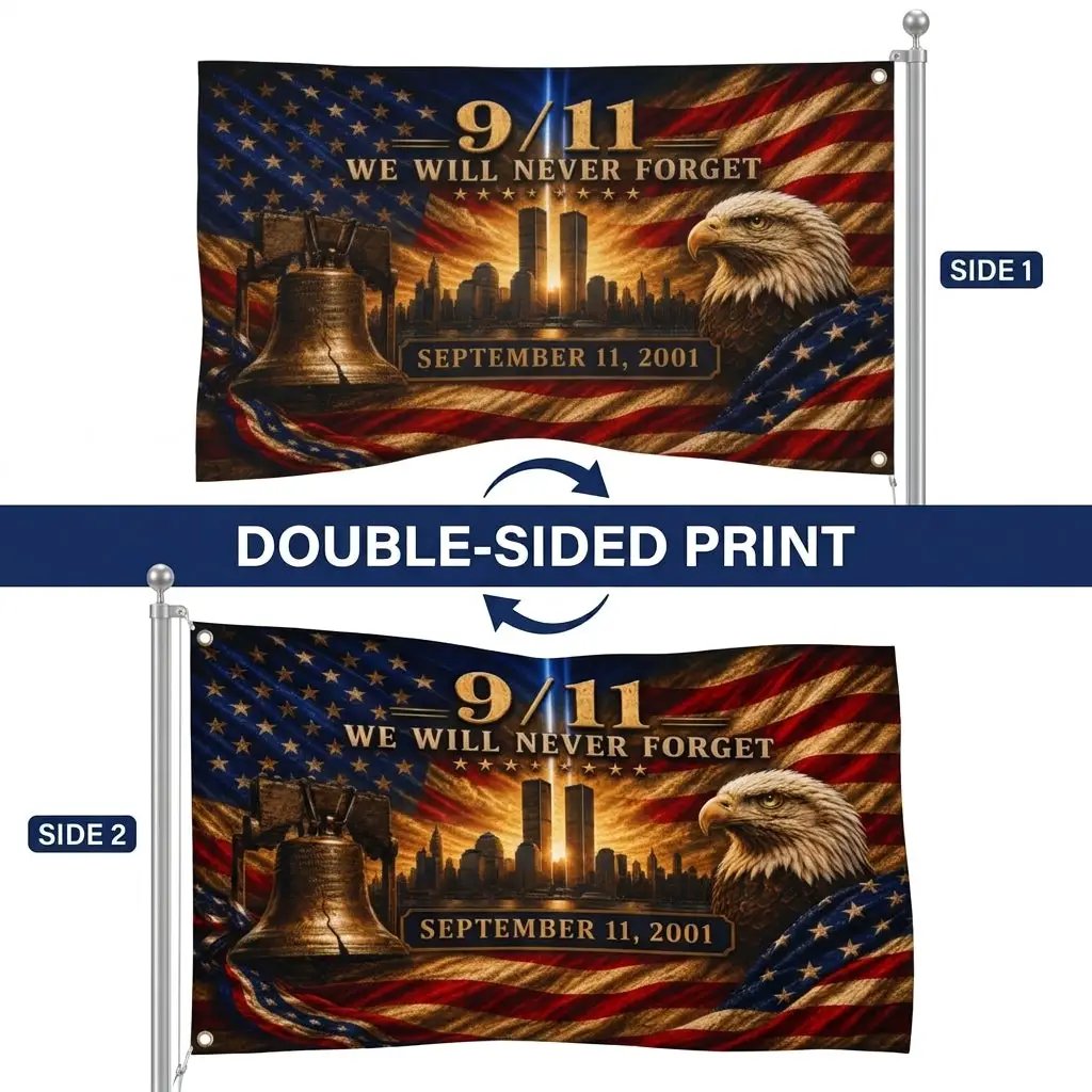 9/11 Never Forget Flag, September 11 Memorial Flag, Double Sided Grommet 911 Remembrance Flag, Patriotic Eagle Liberty Bell Decor