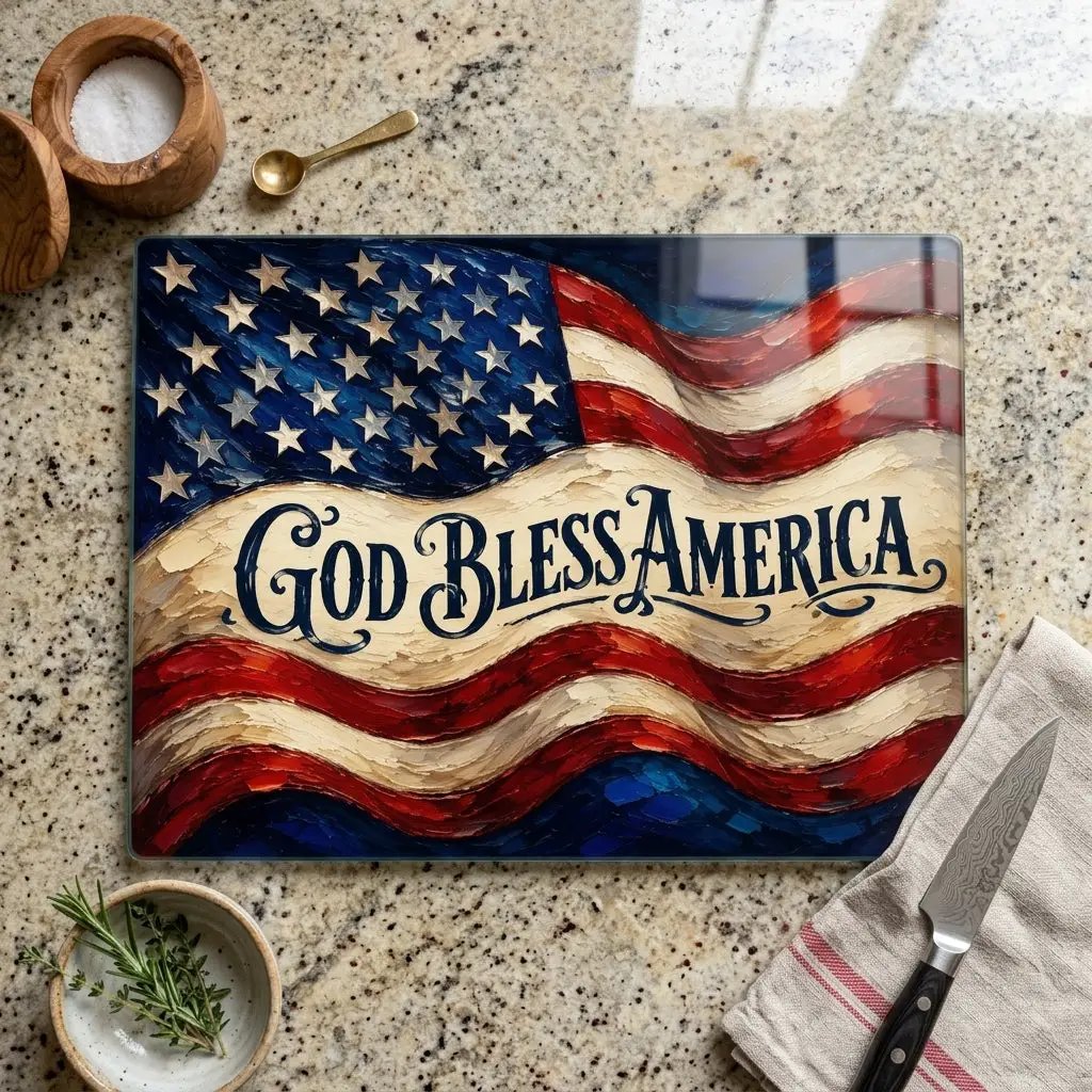 God Bless America Cutting Board, American Flag Glass Cutting Board, Patriotic Kitchen Decor, Christian USA Gift, Americana Home Decor