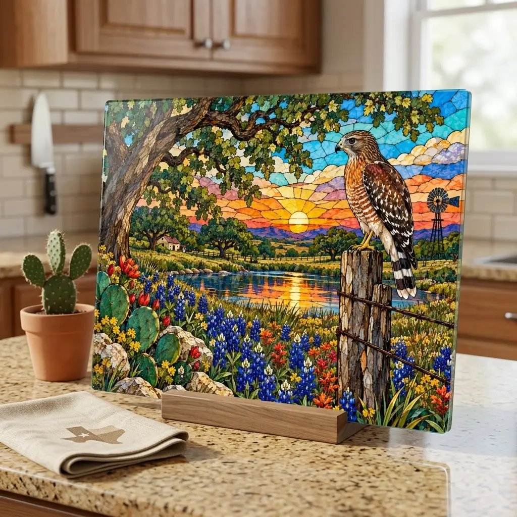 Red Shouldered Hawk Glass Cutting Board, Texas Wildlife Kitchen Decor, Bluebonnet Hawk Art, Bird Lover Gift, Rustic Texas Gift