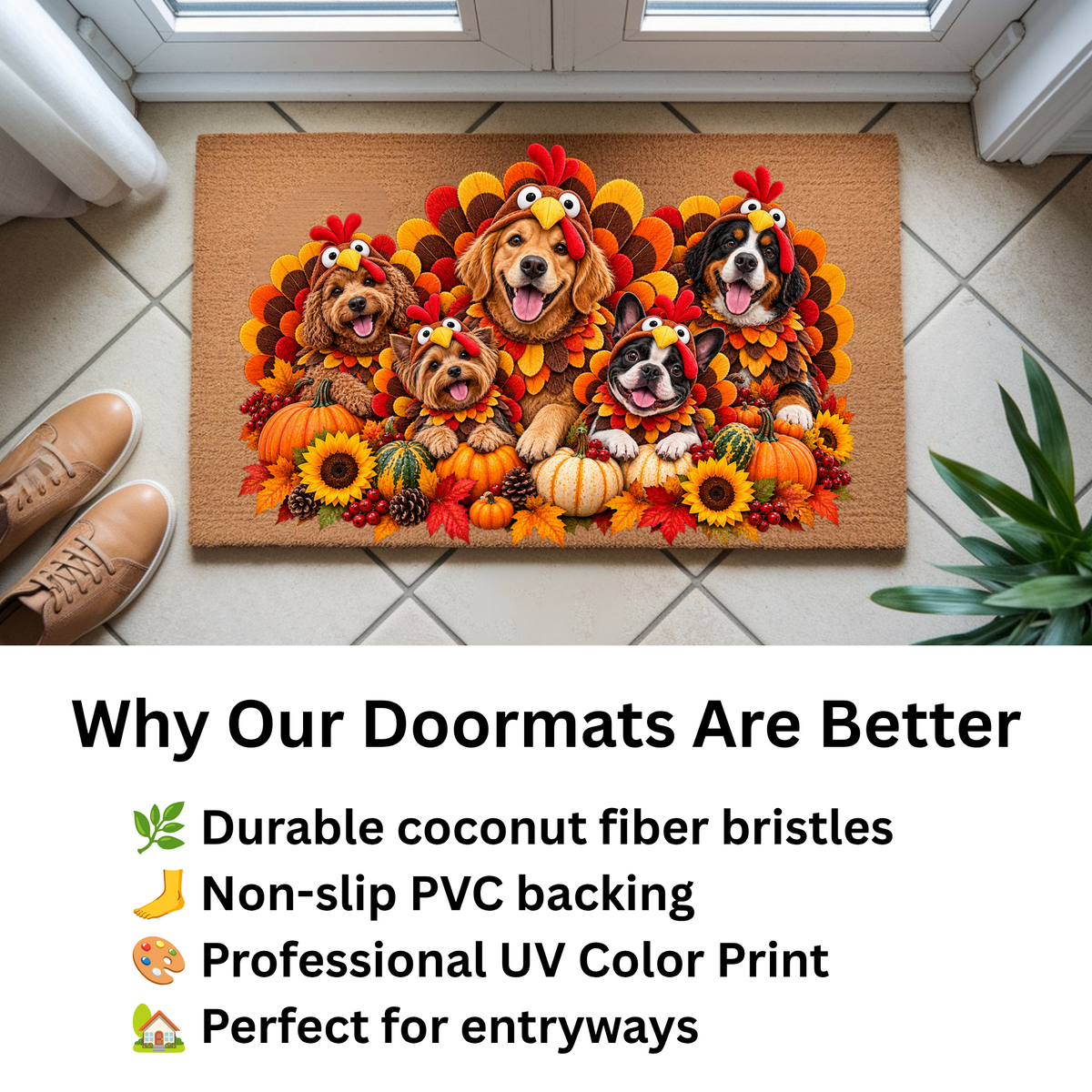 Thanksgiving Dog Doormat, Dogs in Turkey Costumes Coir Mat, Funny Fall Welcome Mat, Dog Lover Gift, Thanksgiving Porch Decor