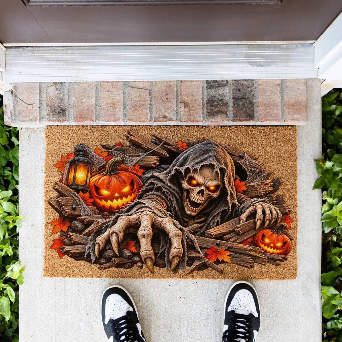Horror Skeleton Doormat, Grim Reaper Halloween Coir Mat, Creepy Skeleton Welcome Mat, Scary Pumpkin Porch Decor, Haunted Door Mat