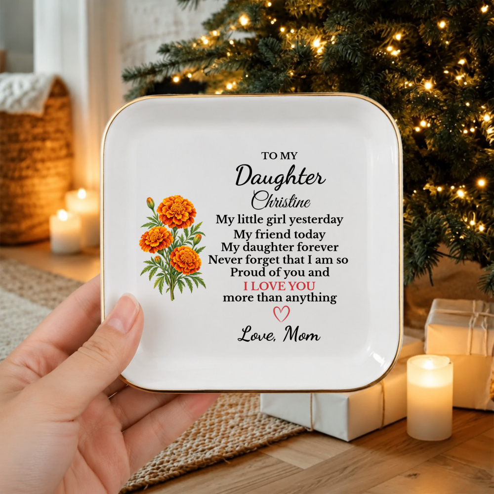 Personalized Daughter Birth Flower Jewelry Dish, Custom Name Trinket Tray, Sentimental Gift from Mom, Birthday Gift for Adult Daughter