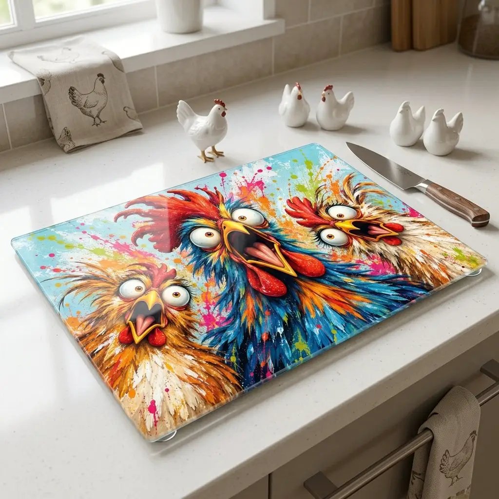 Three Screaming Chickens Cutting Board, Funny Chicken Kitchen Decor, Colorful Chicken Lover Gift, Farmhouse Kitchen Gift