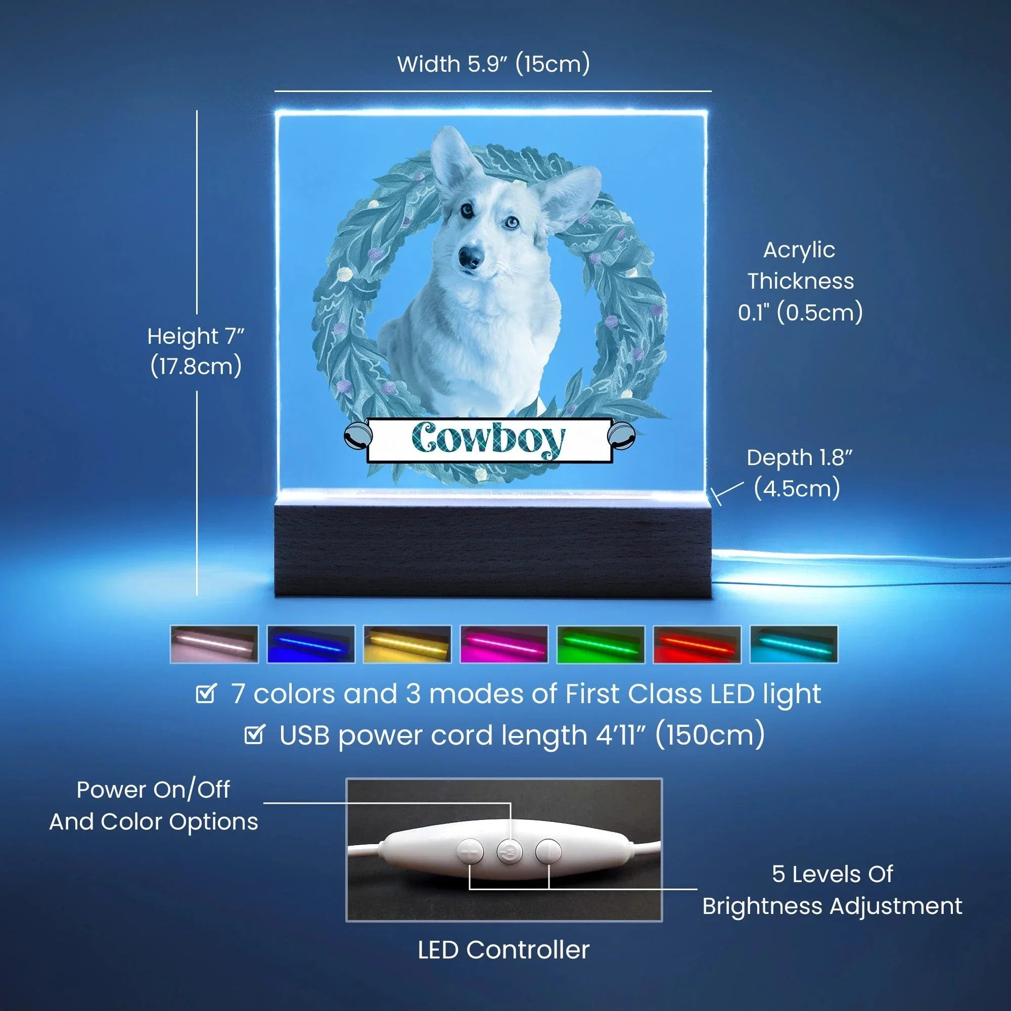 Pet Personalized Holiday Wreath Photo Upload Keepsake Acrylic Plaque with Lighted LED Wooden Base