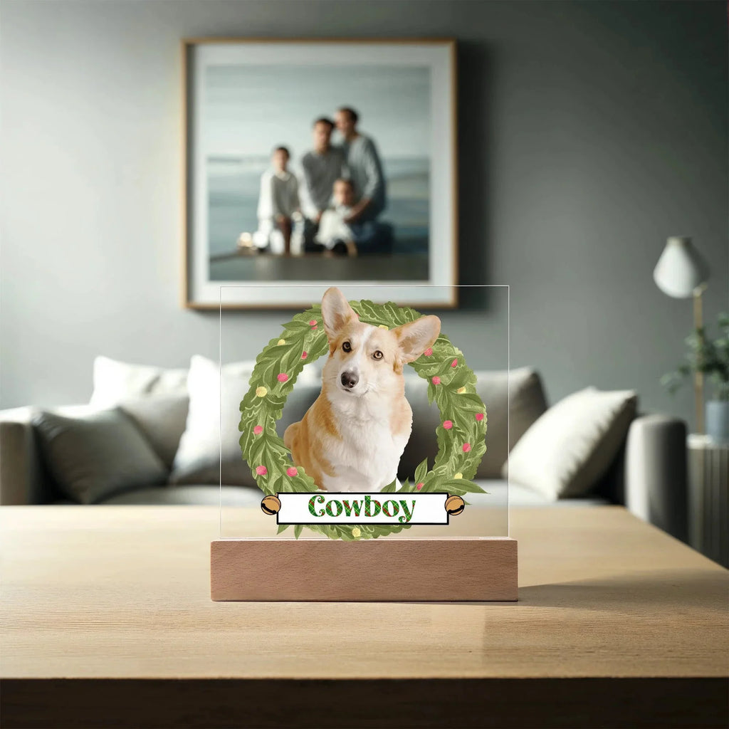 Pet Personalized Holiday Wreath Photo Upload Keepsake Acrylic Plaque with Lighted LED Wooden Base