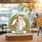 Pet Personalized Holiday Wreath Photo Upload Keepsake Acrylic Plaque with Lighted LED Wooden Base