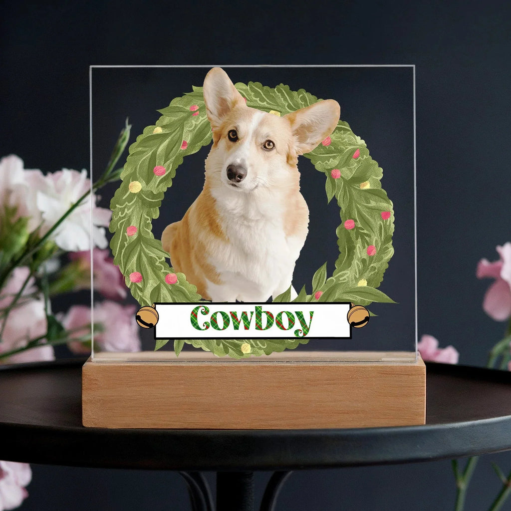 Pet Personalized Holiday Wreath Photo Upload Keepsake Acrylic Plaque with Lighted LED Wooden Base