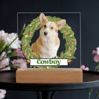 Pet Personalized Holiday Wreath Photo Upload Keepsake Acrylic Plaque with Lighted LED Wooden Base