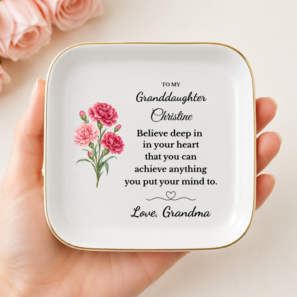 Personalized Daughter/ Granddaughter Jewelry Dish, Birth Flower Trinket Tray, Custom Name Inspirational Ceramic Ring Dish