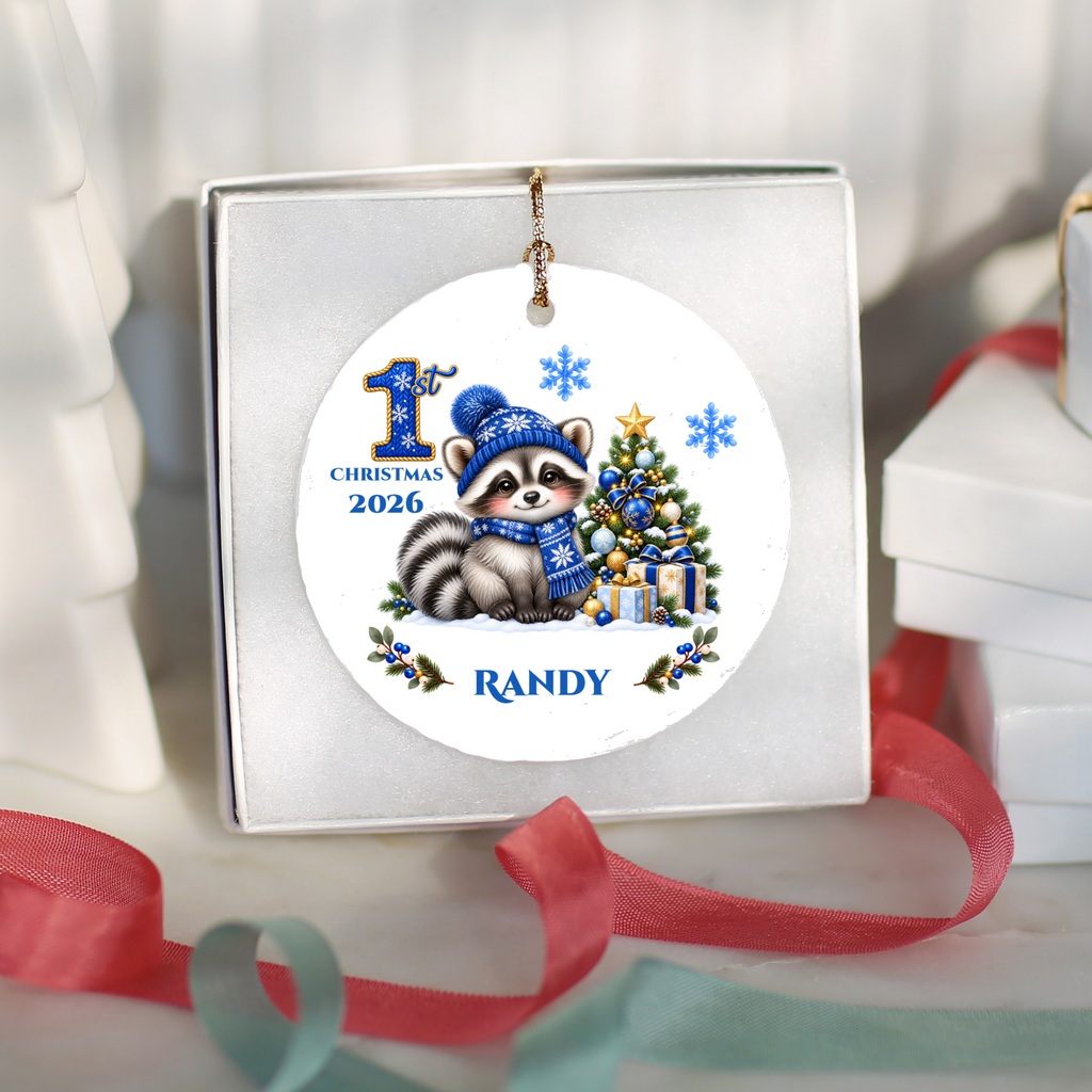 Christmas Raccoon Ornament, Woodland Animal Holiday Decor, Blue Winter Tree Ornament, Cute Wildlife Gift, Ceramic Tree Decoration 3 Inch