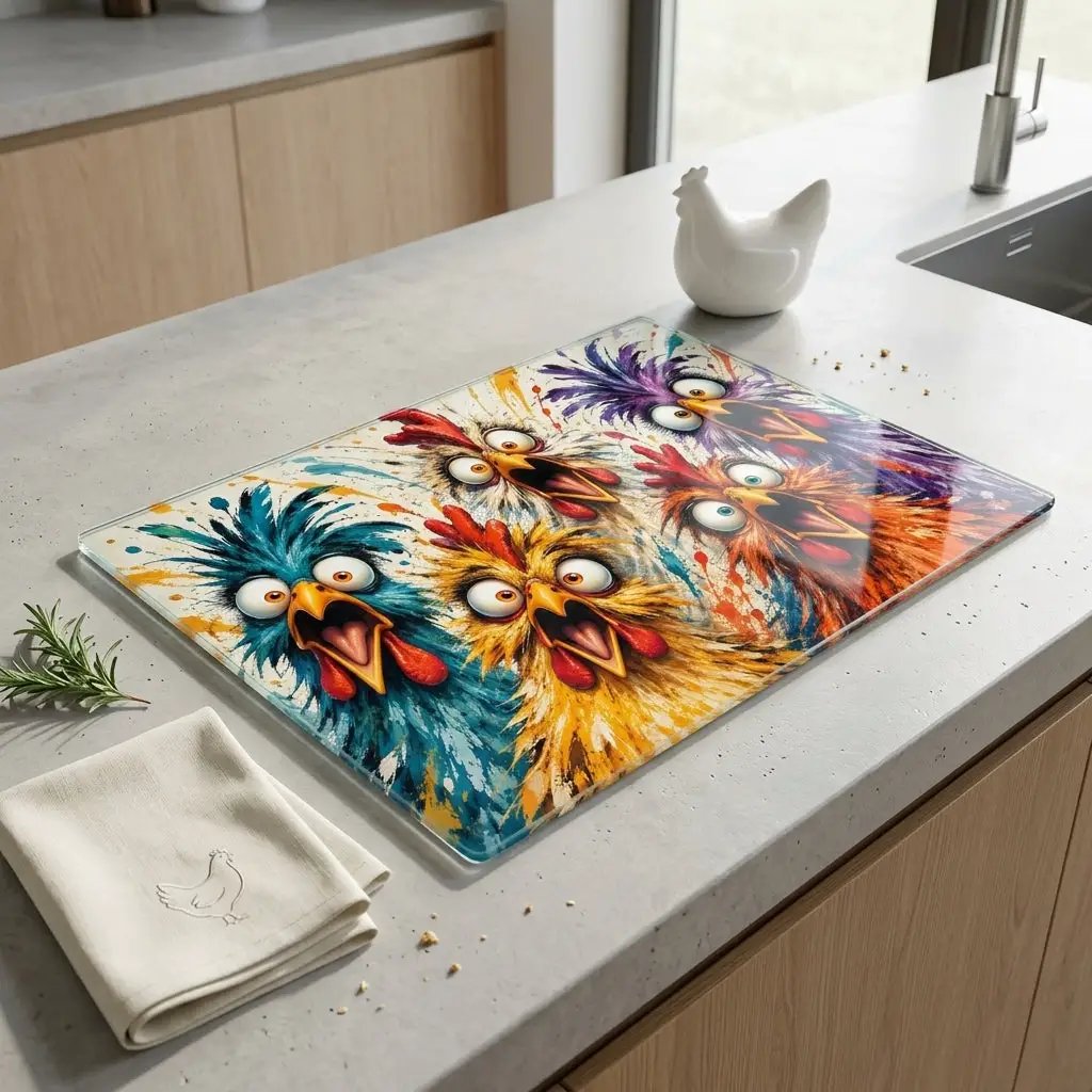 Screaming Chicken Flock Cutting Board, Funny Chicken Kitchen Decor, Colorful Hen Lover Gift, Farmhouse Chicken Gift