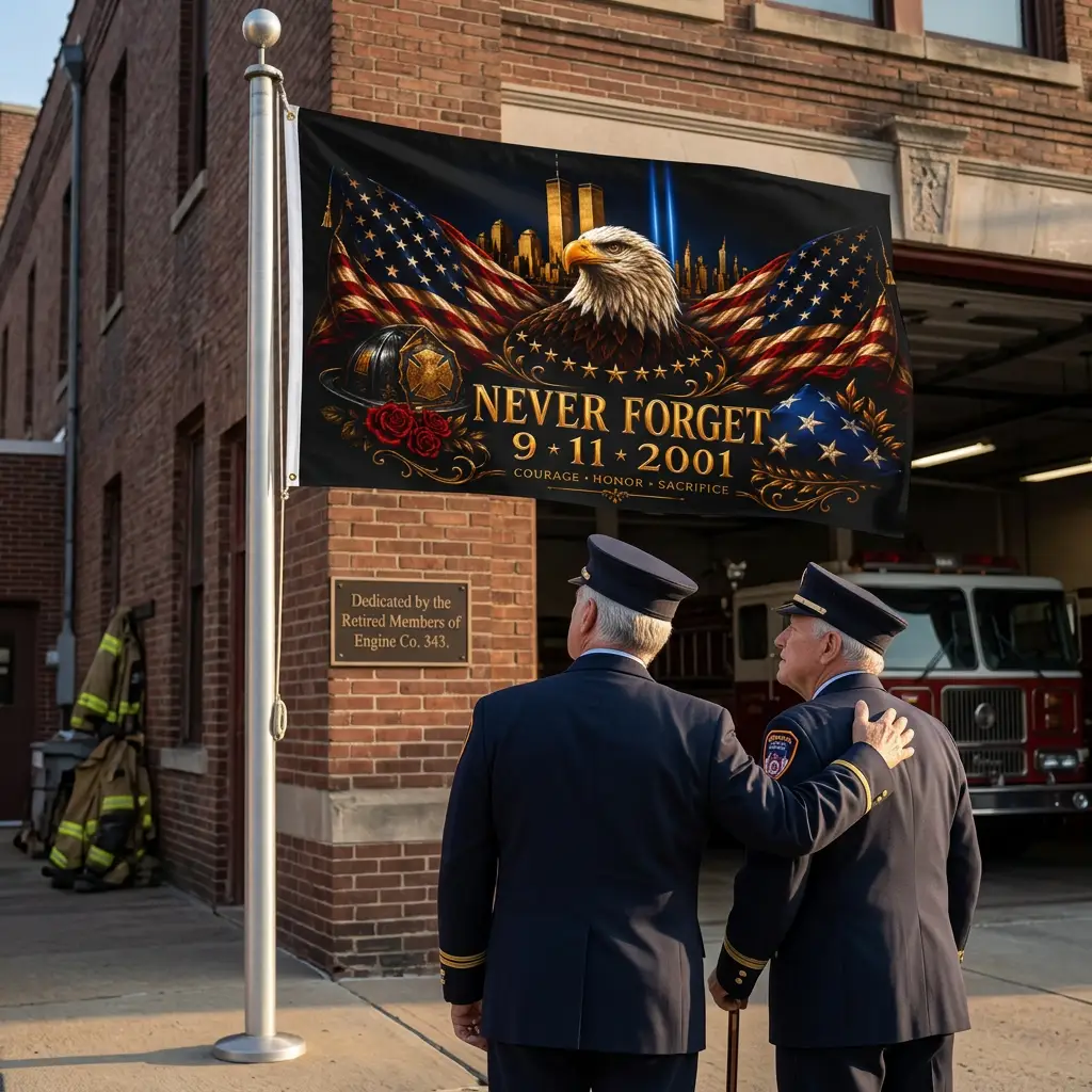 Never Forget 9/11 Double-Sided Memorial Flag – Eagle & Firefighter Tribute