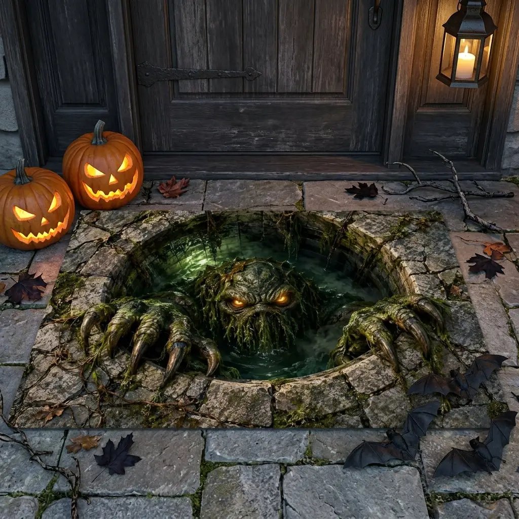 Swamp Monster 3D Optical Illusion Doormat, Creepy Sewer Monster Floor Mat, Scary Halloween Door Mat, Horror Home Decor