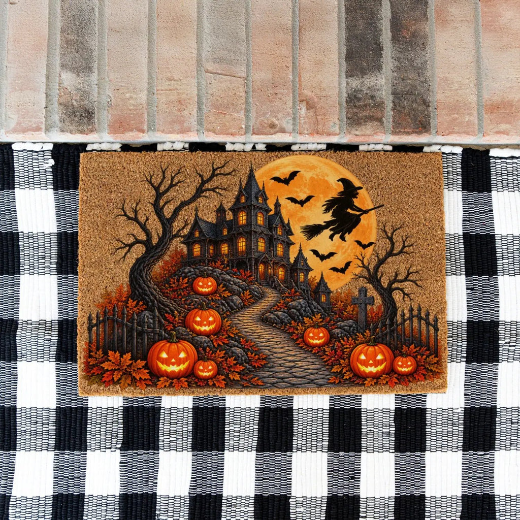 Haunted House Doormat, Halloween Witch Welcome Mat, Spooky Mansion Coir Doormat, Jack O Lantern Door Mat, Gothic Halloween Porch Decor