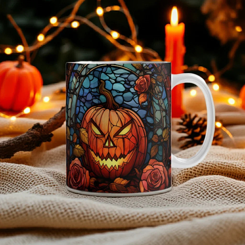 Stained Glass Pumpkin Halloween Mug – Vibrant Jack-O'-Lantern Coffee Cup | Fall Drinkware