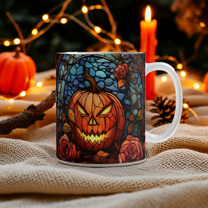 Stained Glass Pumpkin Halloween Mug – Vibrant Jack-O'-Lantern Coffee Cup | Fall Drinkware - Mallard Moon