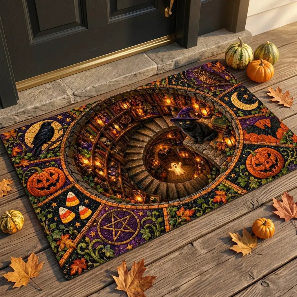 Black Cat 3D Halloween Doormat, Witchy Spiral Staircase Door Mat, Spooky Cat Welcome Mat, Pumpkin Halloween Porch Decor