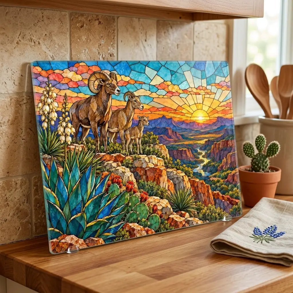 Bighorn Sheep Glass Cutting Board, Texas Wildlife Kitchen Decor, Stained Glass Desert Landscape, Southwestern Cutting Board, Wildlife Gift