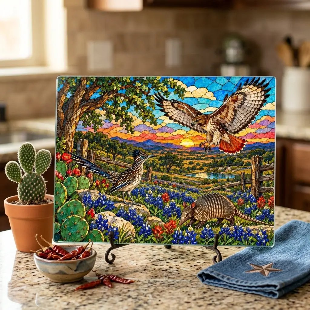 Texas Wildlife Glass Cutting Board, Roadrunner, Armadillo, Hawk Art, Bluebonnet Kitchen Decor, Hill Country Gift, Texas Wildlife Decor