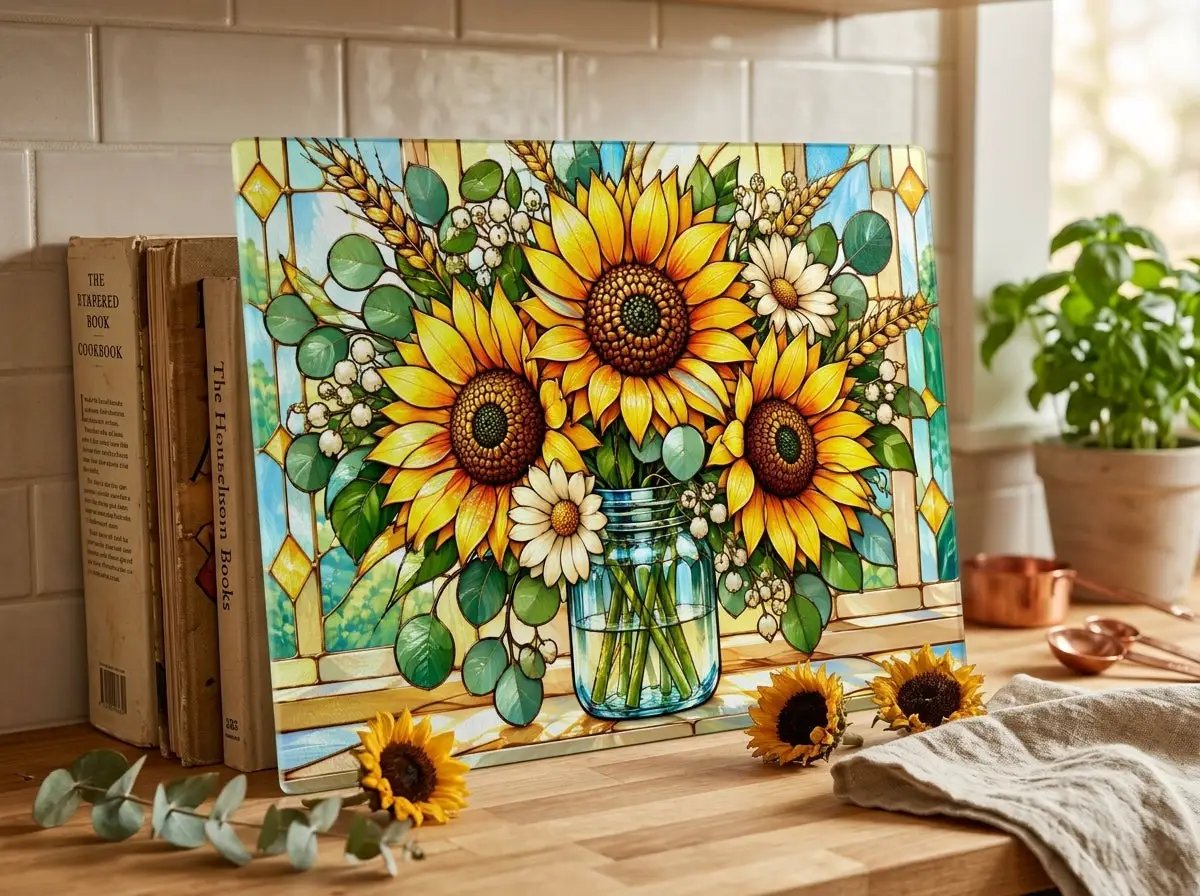 Sunflower Glass Cutting Board, Mason Jar Floral Kitchen Decor, Stained Glass Flower Board, Sunflower Gift for Mom, Cottage Kitchen Gift