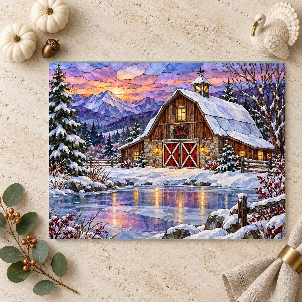 Evergreen Winter Barn Glass Cutting Board, Country Farmhouse Kitchen Decor, Snowy Mountain Barn Christmas Gift