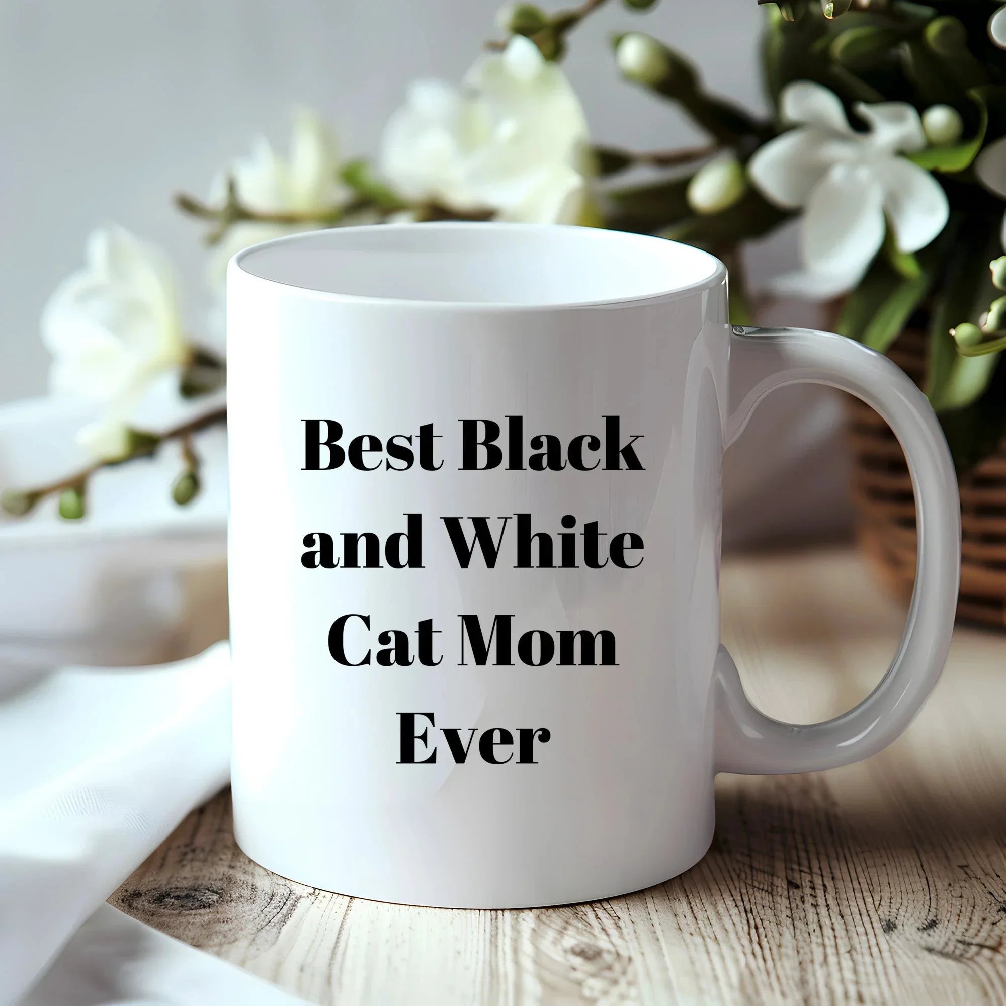 Funny Black and White Cat Mom Gifts for Mother's Day Unique White Coffee Mug, 'Best Black And White Cat Mom Ever'