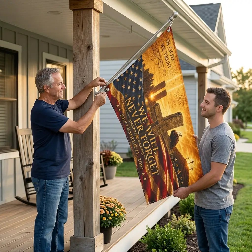 We Will Never Forget Flag, In God We Trust, Double Sided American Flag with Grommets,9/11 Christian Memorial Flag