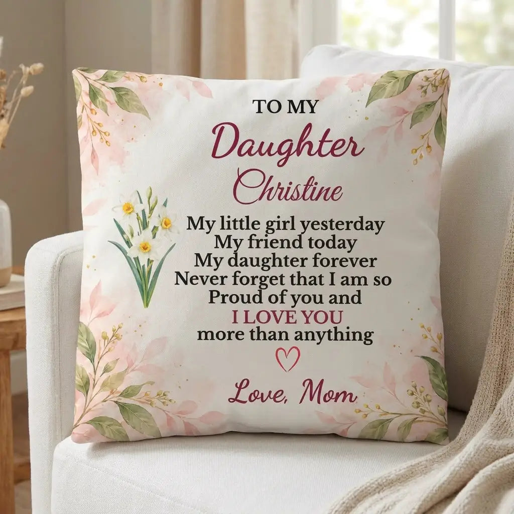 Daughter Personalized Birth Flower Pillow, Custom Name Gift from Mom, Sentimental Daughter Throw Pillow, Birthday Gift for Adult Daughter