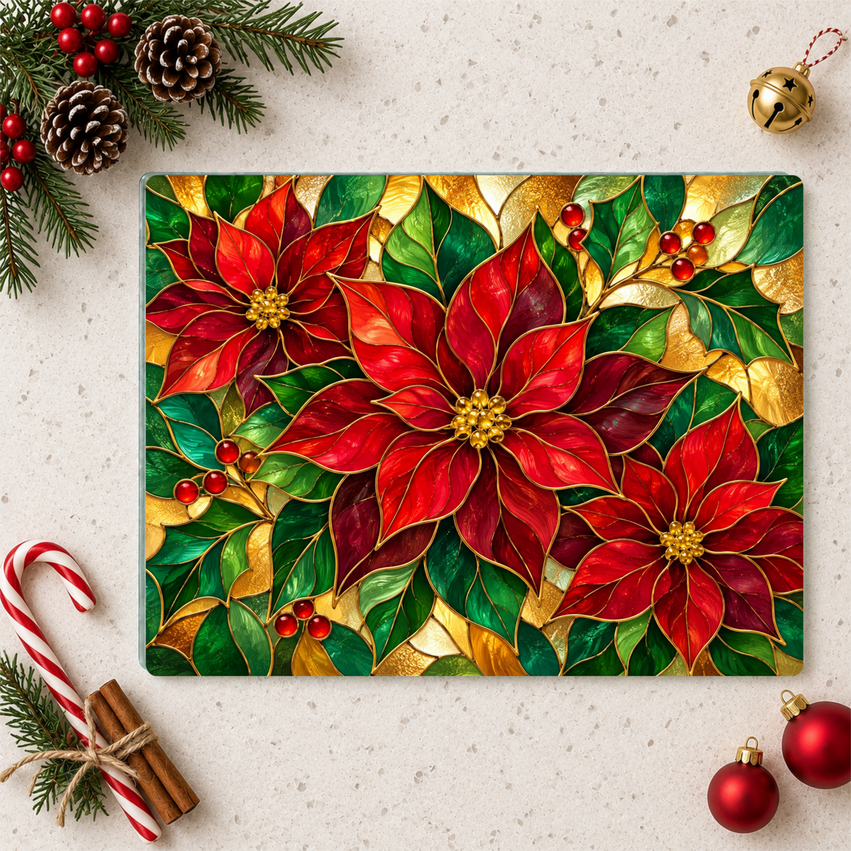 Christmas Poinsettia Glass Cutting Board, Holiday Kitchen Decor, Red Poinsettias and Holly, Festive Chopping Board, Seasonal Gift Idea