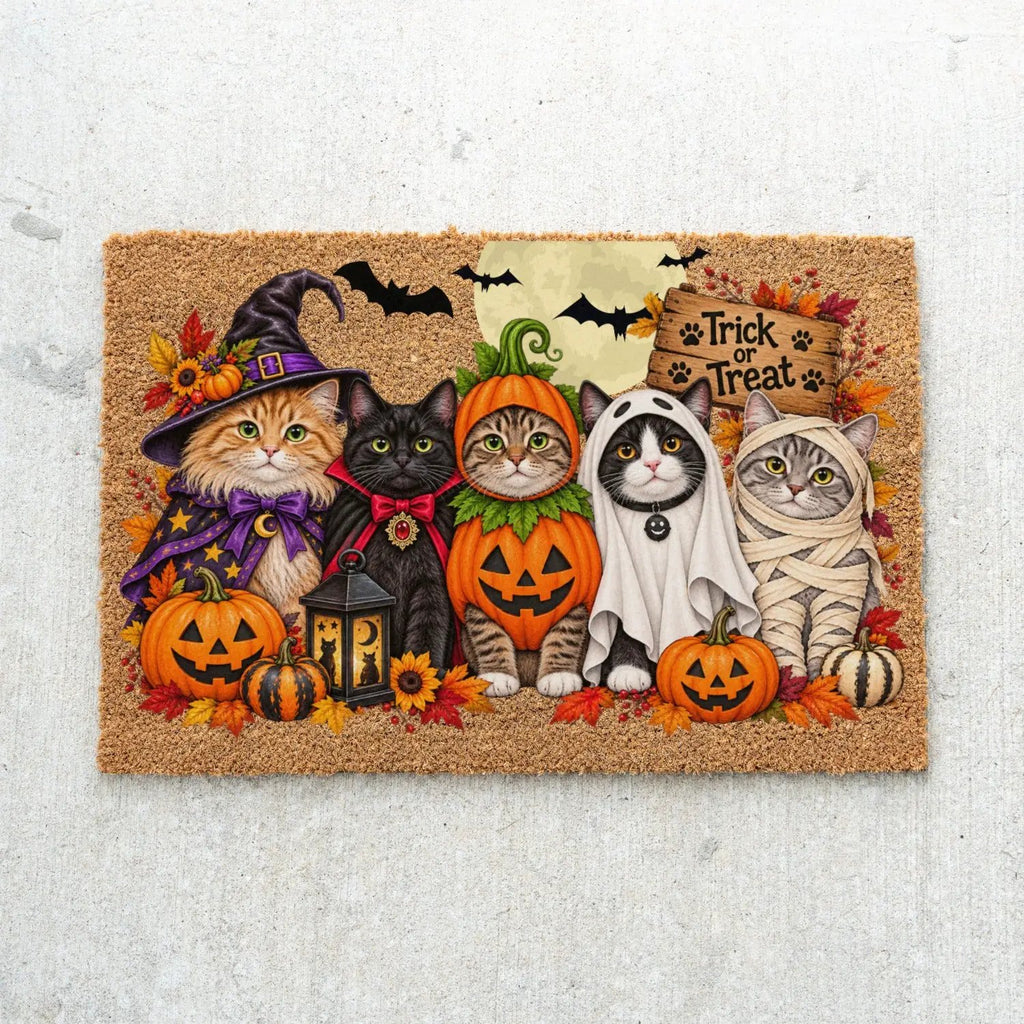 Halloween Cat Doormat, Funny Costumed Cats Coir Welcome Mat, Trick or Treat Porch Decor, Fall Cat Lover Gift, Spooky Front Door Mat