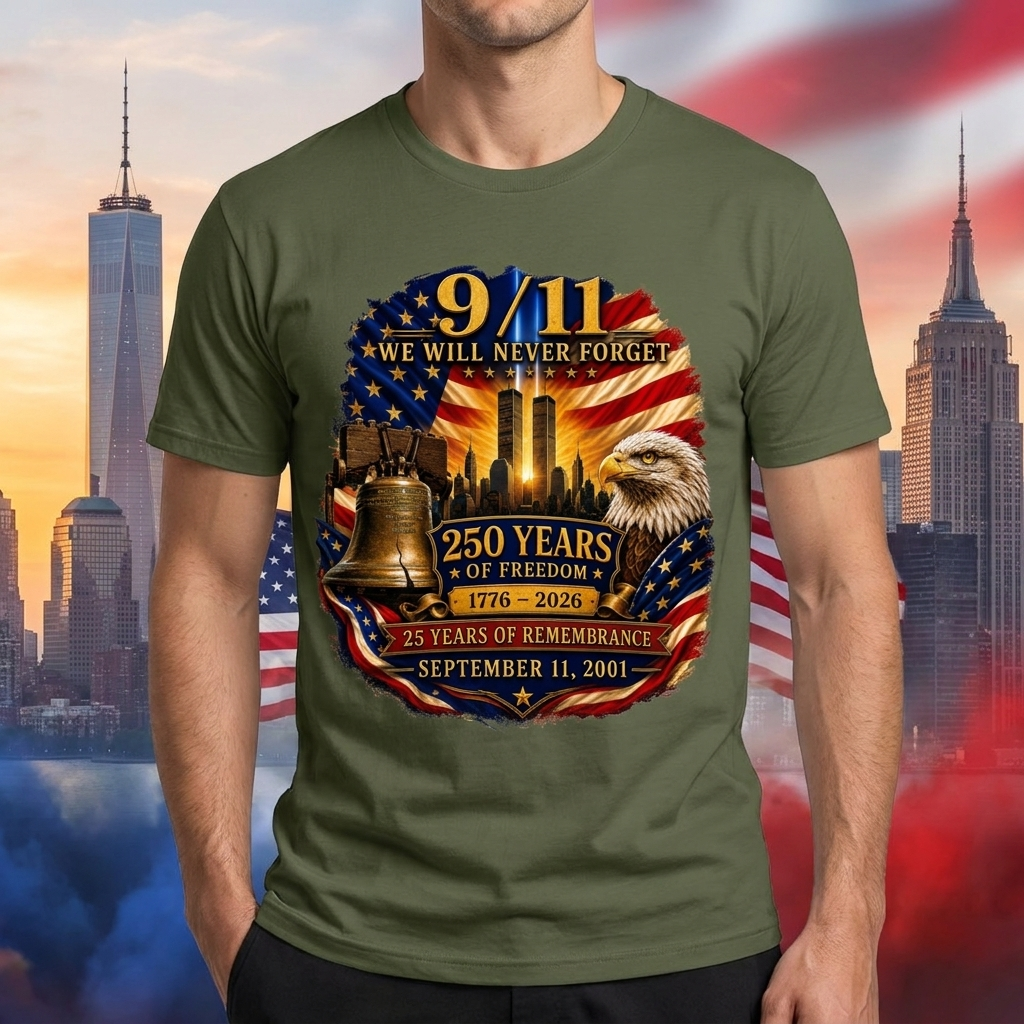 9/11 Memorial Shirt 25th Anniversary, Never Forget T-Shirt, 250 Years of Freedom 1776-2026, September 11 Remembrance Patriotic Tee