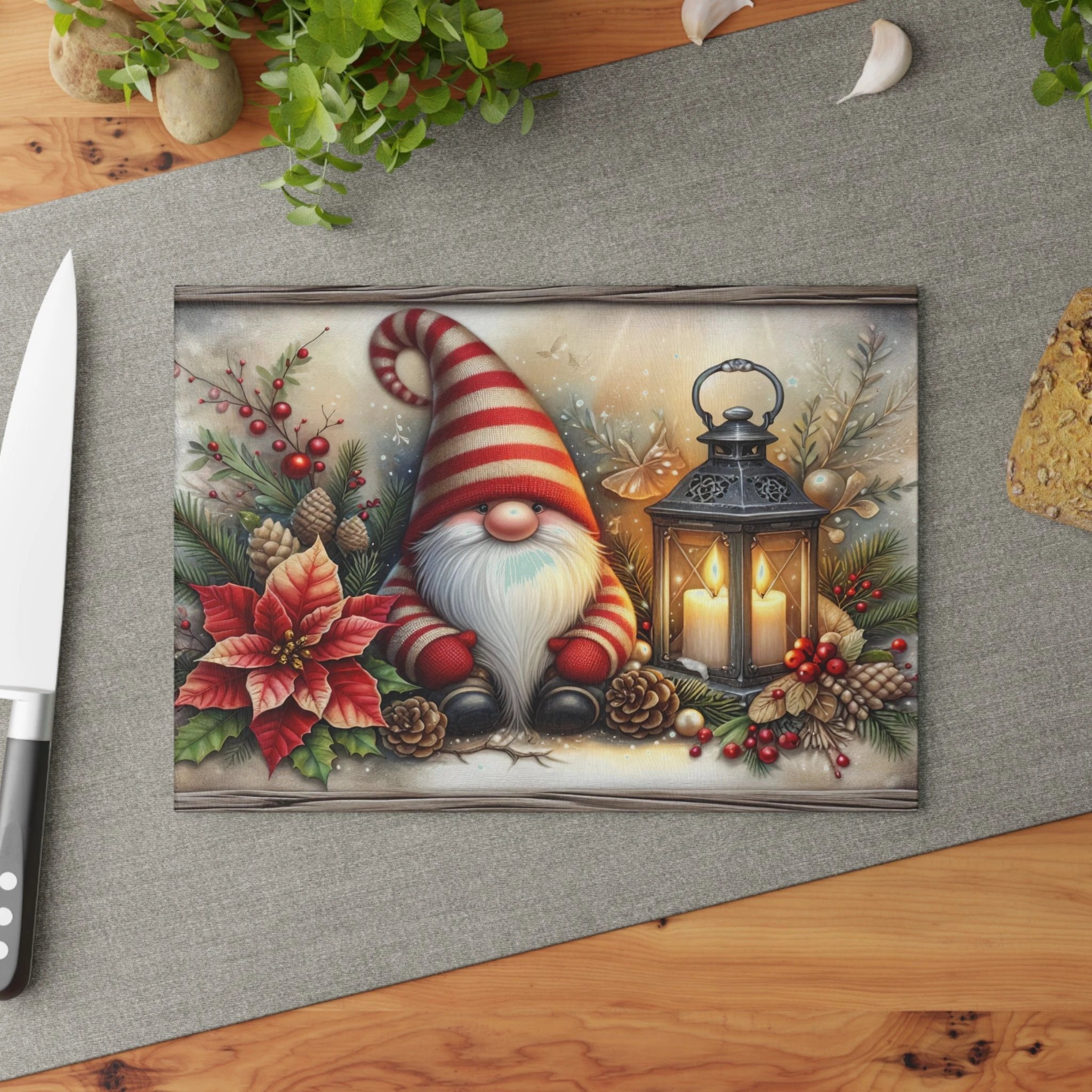 Christmas Gnome Glass Cutting Board — Festive Poinsettia & Lantern Kitchen Decor