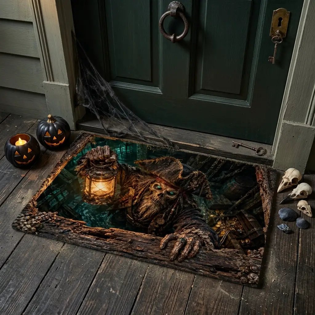 Pirate Doormat, Ghost Ship 3D Optical Illusion Door Mat, Haunted Pirate Halloween Mat, Skeleton Pirate Porch Decor, Spooky Welcome Mat