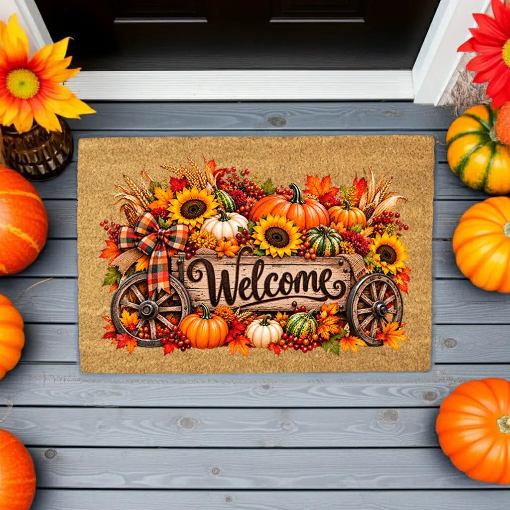 Harvest Wagon Welcome Doormat, Fall Coir Door Mat, Pumpkin Sunflower Welcome Mat, Autumn Farmhouse Porch Decor, Thanksgiving Doormat
