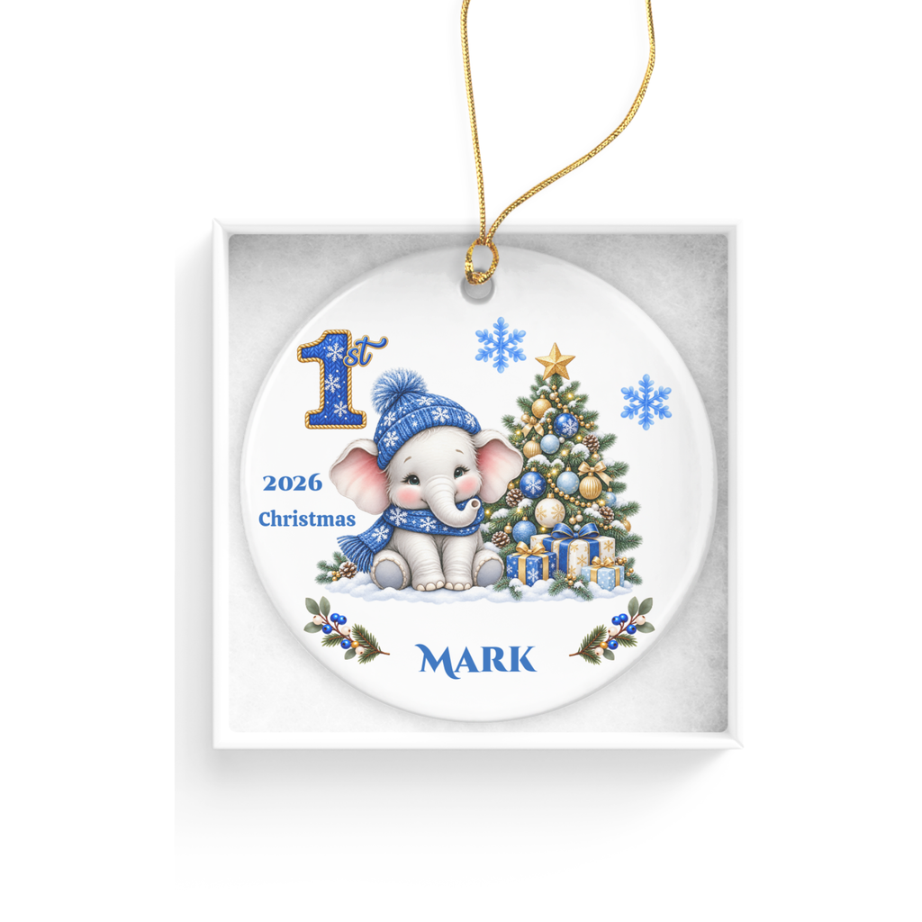 Elephant Baby Personalized Christmas Ornament Blue, Baby's 1st 2nd 3rd Christmas, Custom Name Year Ceramic Keepsake, Girl Gift