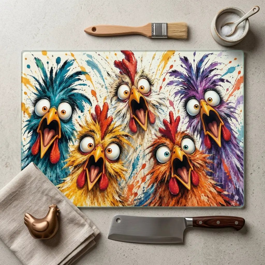 Screaming Chicken Flock Cutting Board, Funny Chicken Kitchen Decor, Colorful Hen Lover Gift, Farmhouse Chicken Gift